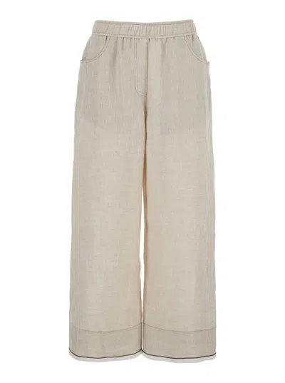 Brunello Cucinelli Beige Crop Pants With Monile Decorations In Linen Woman In White