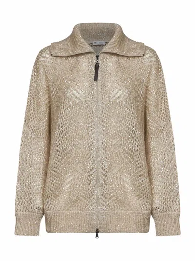 Brunello Cucinelli Beige Dazzling Abstract Leaf Zip-upcardigan In Neutral