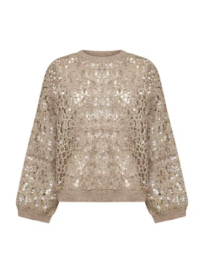 Brunello Cucinelli Beige Dazzling Croc Embroidery Sweater In Brown