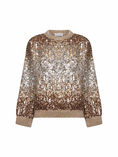 Brunello Cucinelli Beige Dazzling Dégradé Embroidery Sweater In Neutral