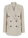 Brunello Cucinelli Beige Double-breasted Jacket With Notched Revers In Virgin Wool Blend Woman In Neutral
