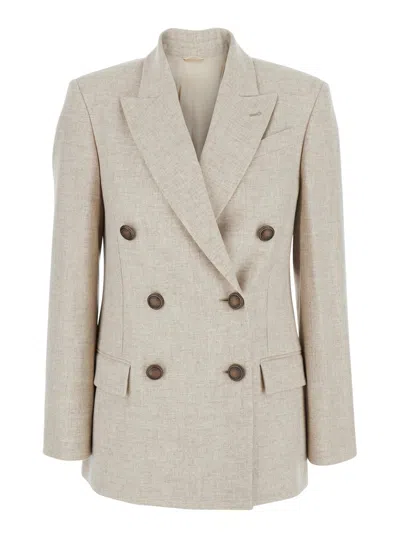 BRUNELLO CUCINELLI BEIGE DOUBLE-BREASTED JACKET WITH NOTCHED REVERS IN VIRGIN WOOL BLEND WOMAN