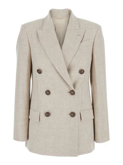 Brunello Cucinelli Beige Double-breasted Jacket With Notched Revers In Virgin Wool Blend Woman In Neutral