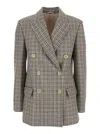 Brunello Cucinelli Beige Double-breasted Jacket With Peak Revers And All-over Check Motif In Multi