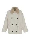 Brunello Cucinelli Beige Double-breasted Jacket With Spread Collar In Tech Fabric Woman In Neutrals