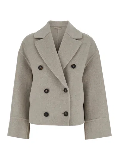 BRUNELLO CUCINELLI BEIGE DOUBLE-BREASTED SHORT COAT WITH WIDE REVERS IN WOOL AND CASHMERE WOMAN