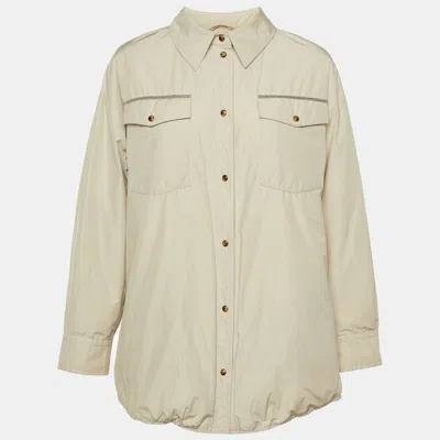 Pre-owned Brunello Cucinelli Beige Embellished Trim Synthetic Blend Down Jacket L In Sand