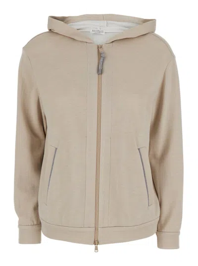 Brunello Cucinelli Beige Hoodie With Fixed Hood And Zip Closure In Cotton And Silk Blend Woman In Neutral