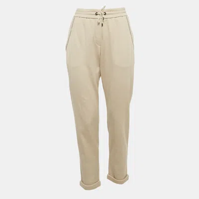 Pre-owned Brunello Cucinelli Beige Jersey Embellished Pocket Sweatpants L