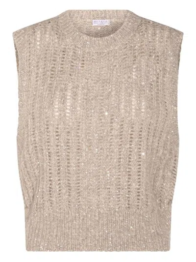 BRUNELLO CUCINELLI BEIGE KNITTED CREWNECK VEST