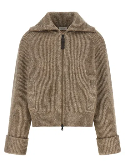 Brunello Cucinelli Beige Knitted Shirt Collar Sweater In Brown