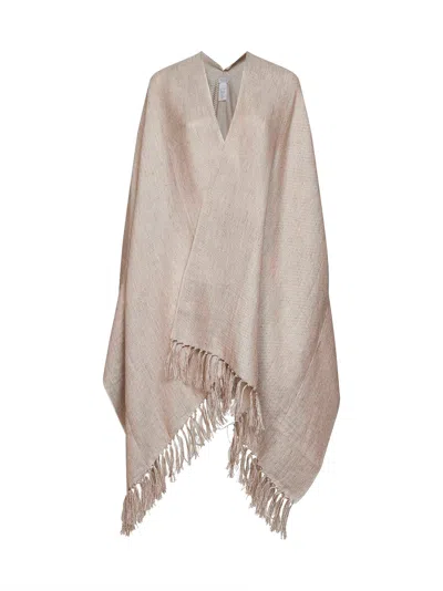 Brunello Cucinelli Beige Lamé Linen Blend Knit Open Poncho In Neutral
