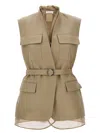 Brunello Cucinelli Belted Bead-embellished Organza-trimmed Cotton And Linen-blend Twill Vest In Beige