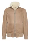 Brunello Cucinelli Bomber Jacket With Shearling Collar And Ribbed Finish In Brown