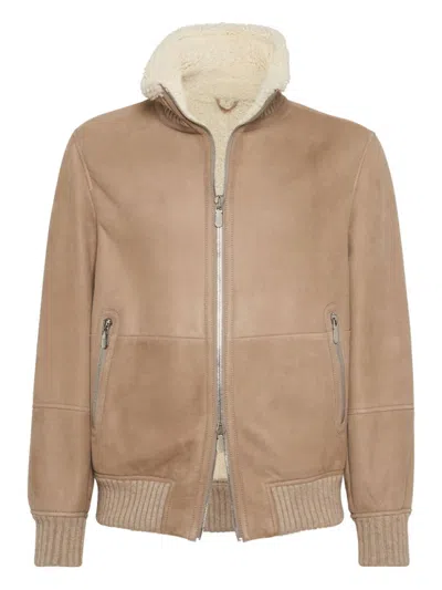 BRUNELLO CUCINELLI BEIGE LEATHER BOMBER JACKET