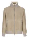 Brunello Cucinelli Men Bomber In Curly Suede Shearling With Cashmere Knit Collar In Neutral