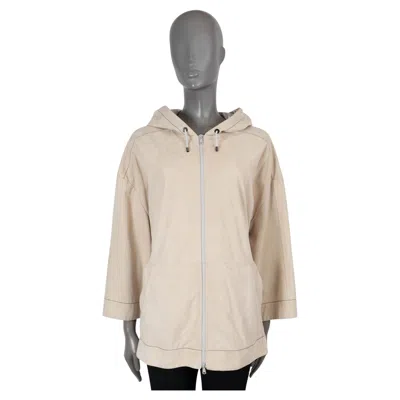 Pre-owned Brunello Cucinelli Beige Leather Monili Trim Hooded Jacket 44 L In Brown