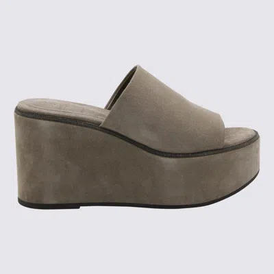 Brunello Cucinelli Suede Slide Wedge Platform Sandals In Beige