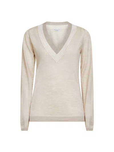 Brunello Cucinelli Beige Lightweight Cashmere And Silk Knit Sweater With Sparkling Neckline In Neutral