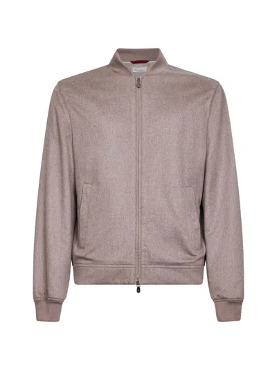 Brunello Cucinelli Beige Lightweight Cashmere Flannel Bomber Jacket In Gray