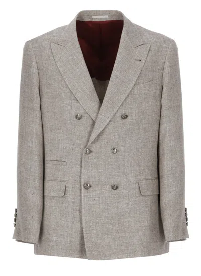 Brunello Cucinelli Beige Linen And Wool Double-breasted Jacket In Neutrals