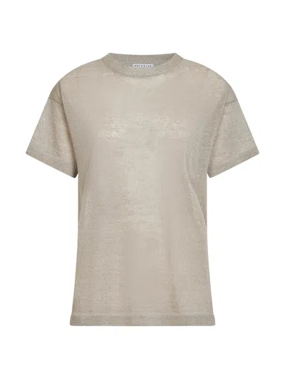 Brunello Cucinelli Beige Linen Blend Sweater With Lamé Crewneck In Neutral