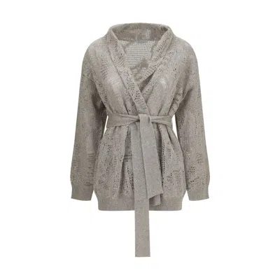Brunello Cucinelli Beige Linen Cardigan In Gray
