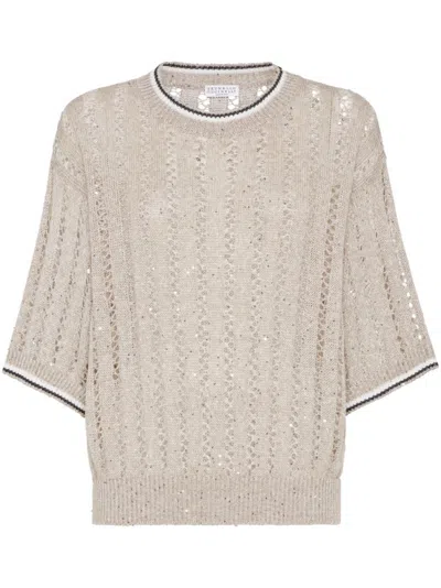 BRUNELLO CUCINELLI BEIGE LINEN CREWNECK TOP