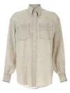 Brunello Cucinelli Beige Shirt With Chest Pockets And Monile Decorations In Linen Woman In Neutral