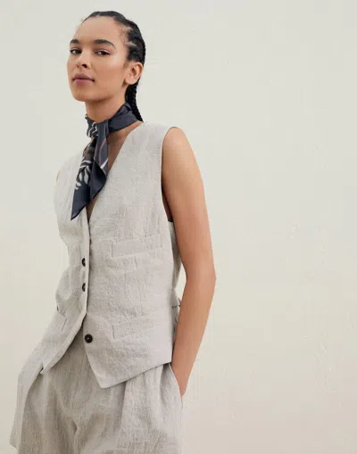 Brunello Cucinelli Beige Linen Sleeveless Jacket In Gray