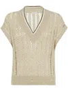 Brunello Cucinelli Women Dazzling Ribbed Net Knitted T-shirt In Linen In Beige