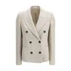 Brunello Cucinelli Women Double-breasted Jacket In Linen And Cotton With Chevron Pattern In Nude