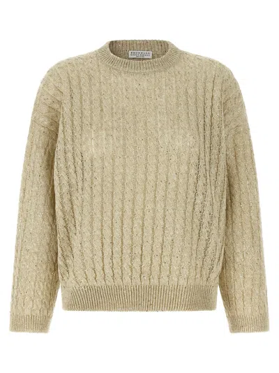 Brunello Cucinelli Cable Knit Crew Neck Sweater Long Sleeves In Neutral