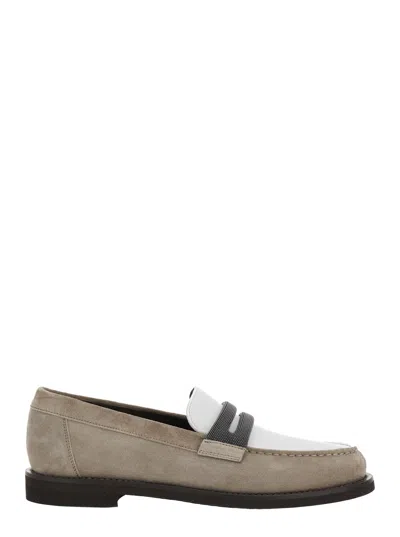 Brunello Cucinelli Beige Loafers With Monile Detail And Chain In Suede Woman