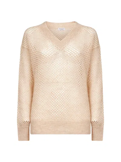 Brunello Cucinelli Beige Mohair Blend Dazzling Mesh Sweater In Neutral