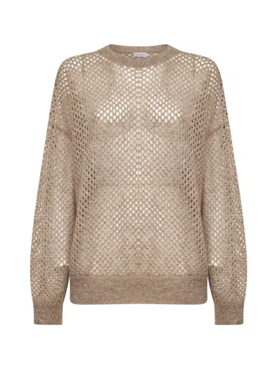 BRUNELLO CUCINELLI BEIGE MOHAIR BLEND DAZZLING MESH SWEATER