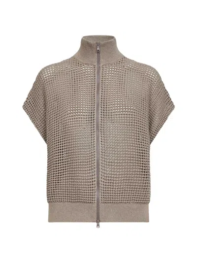 Brunello Cucinelli Beige Net Knit Cardigan With Dazzling Details In Brown
