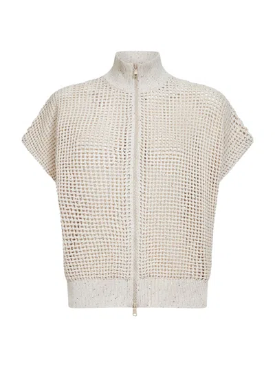 Brunello Cucinelli Beige Net Knit Cardigan With Dazzling Details In Neutral