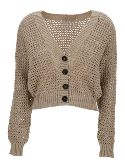 BRUNELLO CUCINELLI BRUNELLO CUCINELLI BEIGE OPEN-KNIT CARDIGAN IN COTTON WOMAN