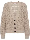 BRUNELLO CUCINELLI BEIGE OPEN KNIT COTTON CARDIGAN WITH SEQUIN EMBELLISHMENT AND RIBBED TRIM