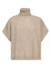 Brunello Cucinelli Beige Openwork Rib Cashmere Feather Turtleneck Sweater In Brown