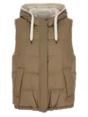 Brunello Cucinelli Goose Feather Padded Vest With Hood In Beige