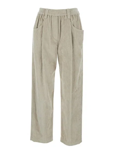 Brunello Cucinelli Beige Pants With Belt Loops In Ribbed Velvet Woman In Neutral