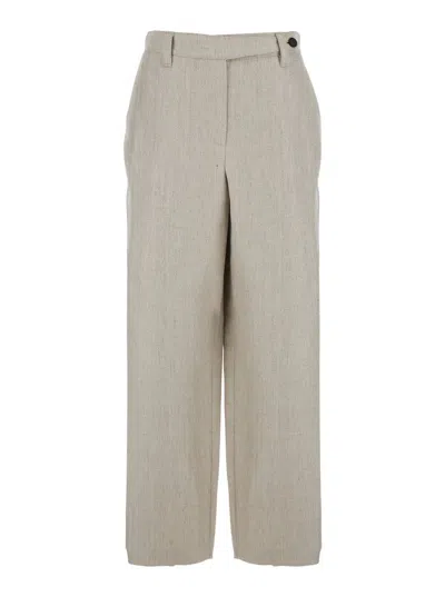 BRUNELLO CUCINELLI BEIGE PANTS WITH HIDDEN FRONT CLOSURE AND APPLIED BUTTONS IN LINEN WOMAN