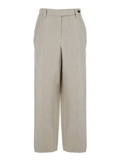 Brunello Cucinelli Beige Pants With Hidden Front Closure And Applied Buttons In Linen Woman