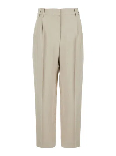 BRUNELLO CUCINELLI BRUNELLO CUCINELLI BEIGE PANTS WITH MONIL DETAIL ON THE LOOP AND PENCES IN VISCOSE AND LINEN BLEND W
