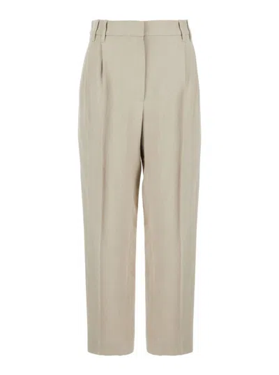 BRUNELLO CUCINELLI BEIGE PANTS WITH MONIL DETAIL ON THE LOOP AND PENCES IN VISCOSE AND LINEN BLEND WOMAN