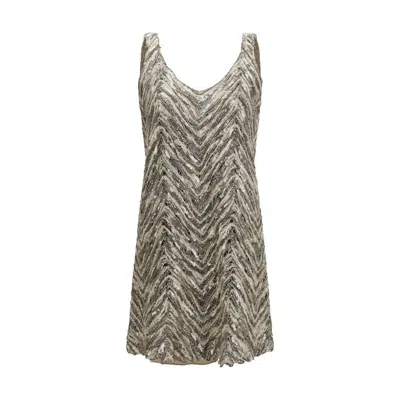 Brunello Cucinelli Beige Chevron V Neck Mini Dress In Gray