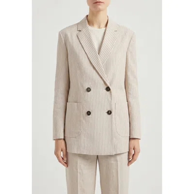 Brunello Cucinelli Beige Pinstripe Double Breasted Blazer In ["beige"]