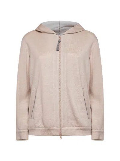 Brunello Cucinelli Beige Precious Zipper Pull Zip-up Hoodie In Nude